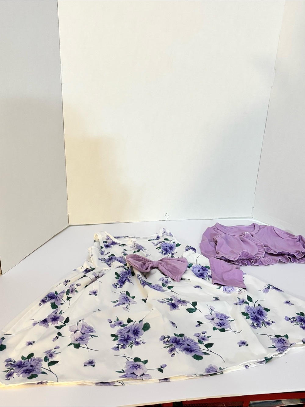 Girls White Dress with Purple Floral Print w/ Purple Bow & Ruffled Bolero Jacket